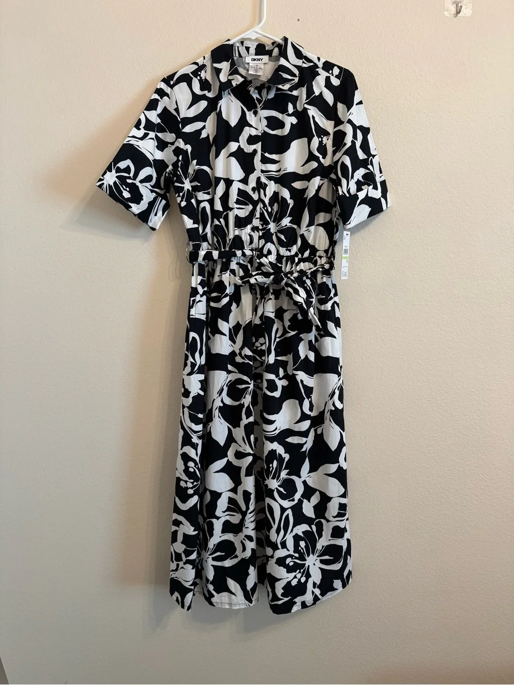 DKNY Elbow Sleeve Collared Neck Button-Front Belted Floral Midi Shirt dress